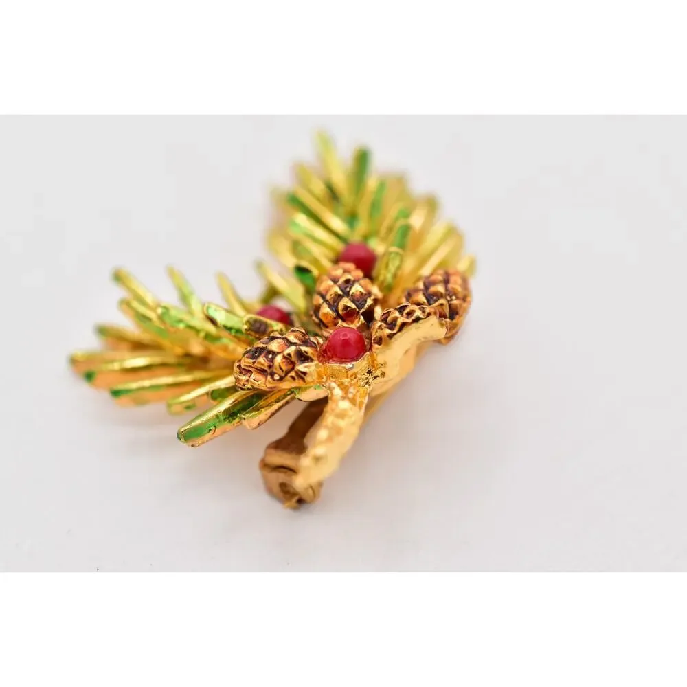 ART Vintage Christmas Pinecone Brooch Gold Red Berry Evergreen Branch Pin BinBI